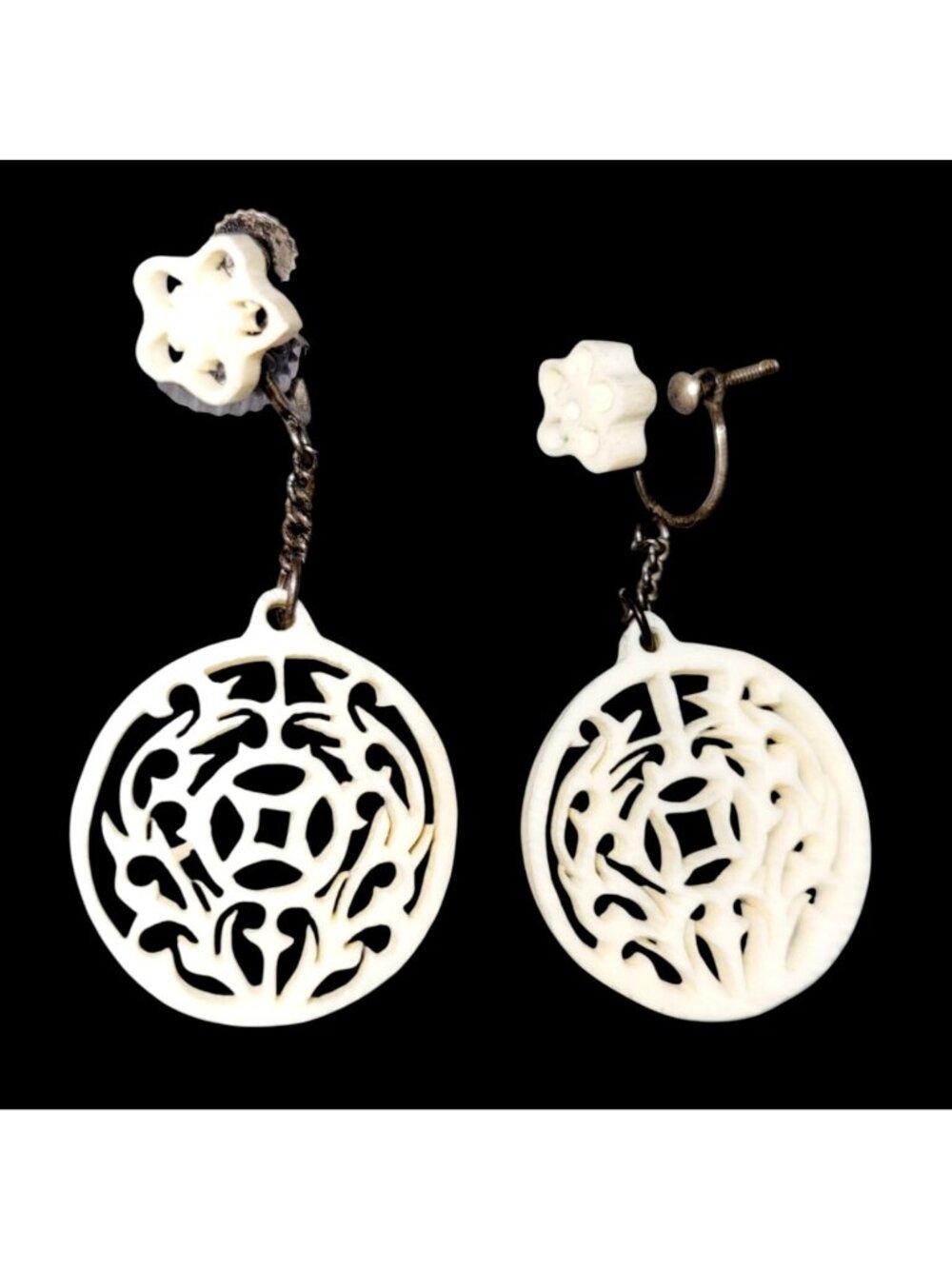 Antique Chinese Dangle Earrings Artisan Hand Carved Celluloid Filigree Screw Bac